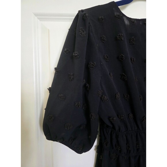 Boho Black Midi Dress S 3/4 Puff Sleeve 3D Textured Rosettes Smocked Waist - Picture 4 of 5